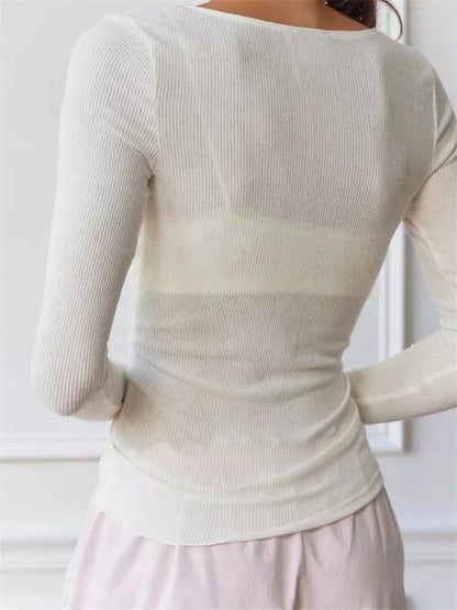 FashionSierra - 2024 Vintage Lace Patchwork Deep V Neck Low Cut Fairy Long Sleeve Slim Fit Streetwear Tee