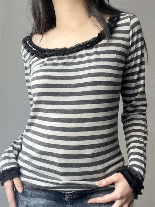 FashionSierra - 2024 Vintage Spring Fall Casual Long Sleeve Lace Patchwork Black White Striped Streetwear Tee