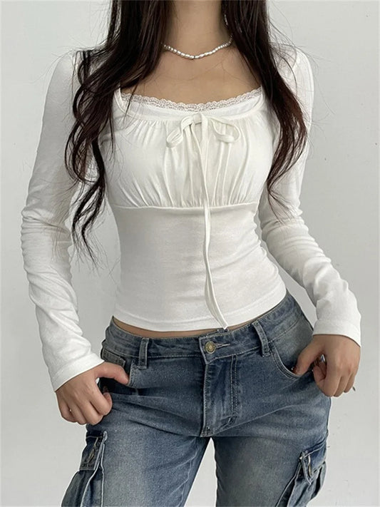 FashionSierra - 2024 Vintage Spring Fall Square Neck Ruched Basic Fashion White Long Sleeve Lace Trim Tie Up Tee