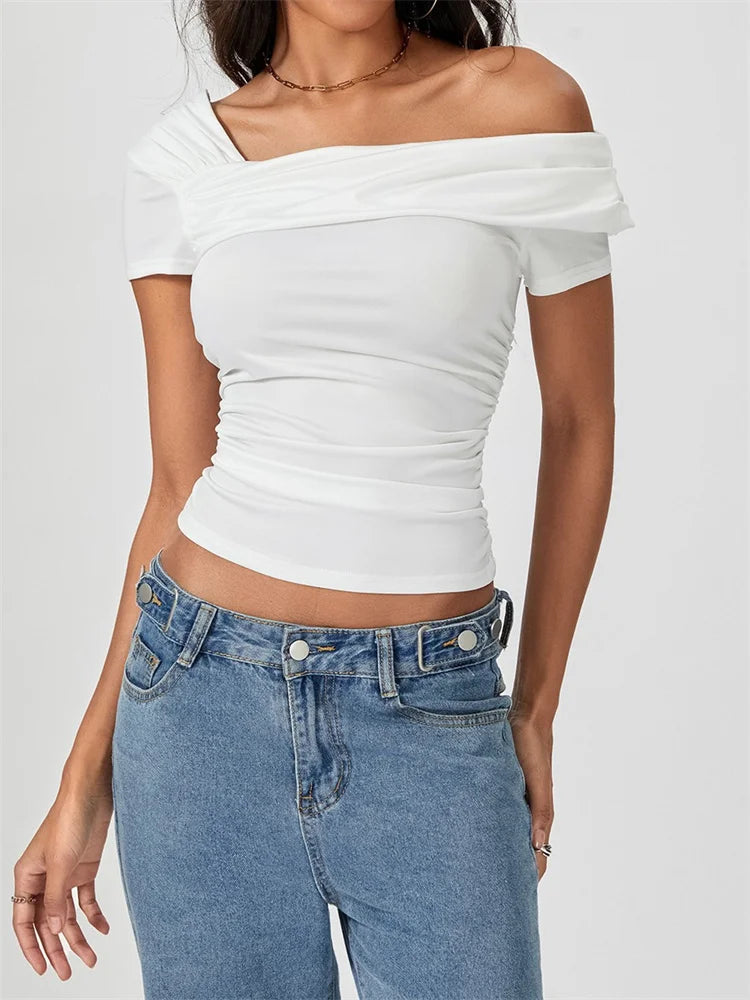 FashionSierra - Asymmetrical Neck Solid Color Off Shoulder Short Sleeve Ruched Casual Streetwear Tee