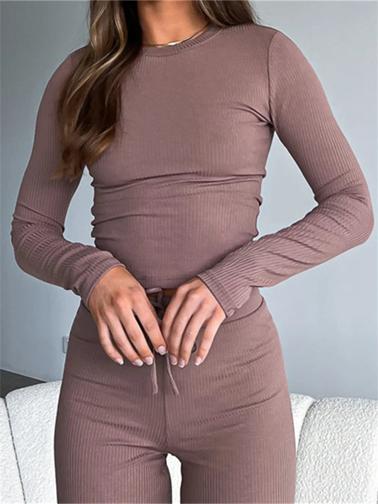 FashionSierra - Autumn Spring Long Sleeve Ribbed Casual Solid Round Neck Pullovers Female Basic Tee
