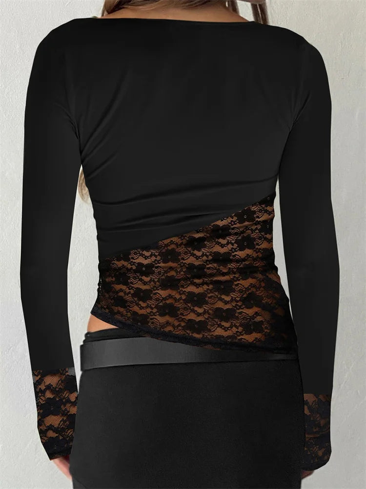 FashionSierra - Basic Casual Lace Patchwork Irregular Hem Long Sleeve Pullover for Club Streetwear Aesthetic Tee