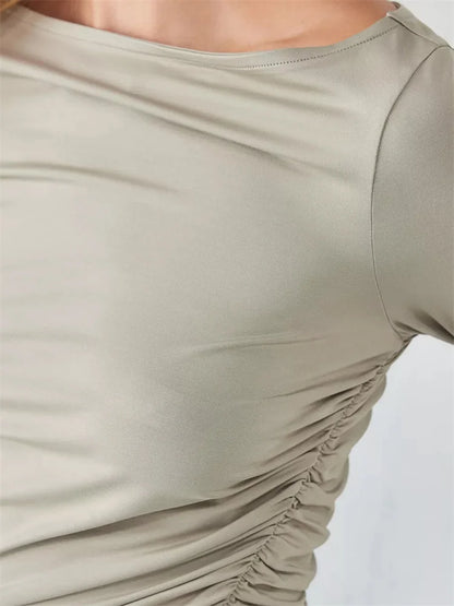 FashionSierra - Casual Basic Long Sleeve Round Neck Ruched Asymmetrical Hem Slim Fit Spring Fall Streetwear Tee