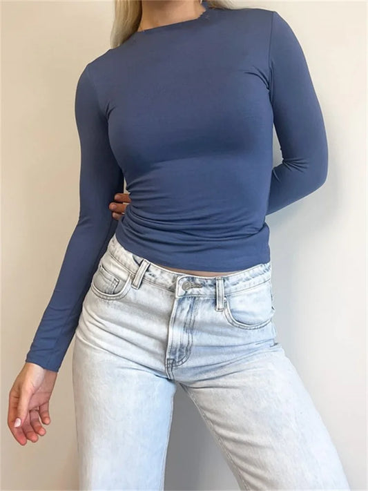 FashionSierra - Casual Long Sleeve Crew Neck Solid Slim Fit Spring Autumn Streetwear Female Pullovers Tops Tee