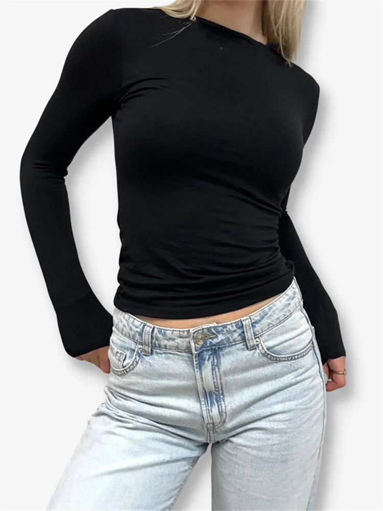 FashionSierra - Casual Long Sleeve Crew Neck Solid Slim Fit Spring Autumn Streetwear Female Pullovers Tops Tee