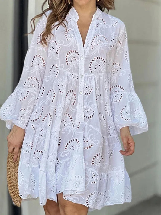 FashionSierra - Embroidery Lace Hollow Out Long Sleeve Mini Dress