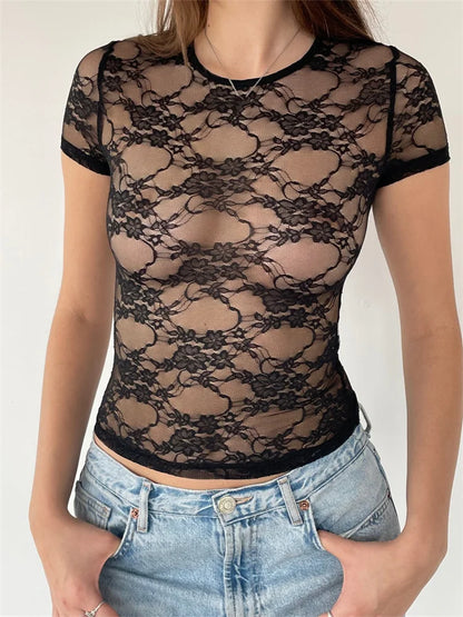 FashionSierra - Fairy Grunge Lace Top Sexy Mesh See Through O-Neck Short Sleeve Summer Party Club Streetwear Tee