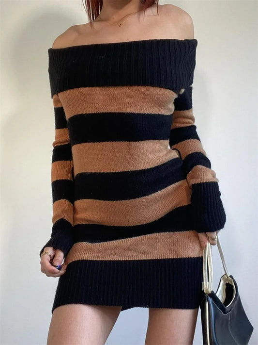 Fall Winter Striped Long Sleeve Slash Neck Off Shoulder Mini Dress