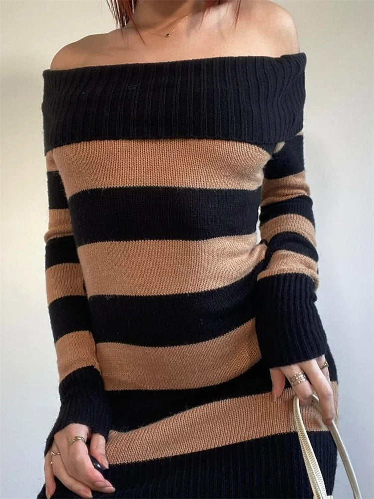 FashionSierra - Fall Winter Striped Long Sleeve Slash Neck Off Shoulder Mini Dress