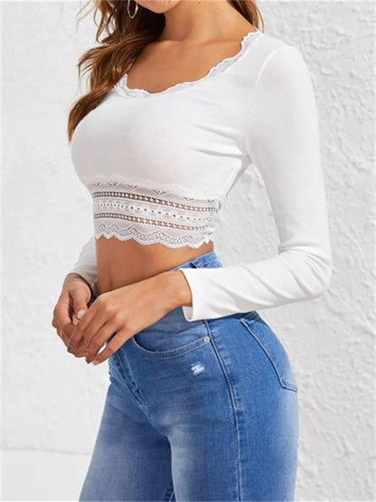 FashionSierra - Fashion Going Out Long Sleeve Low Cut Round Neck Lace Patchwork Slim Fit Cropped Tee