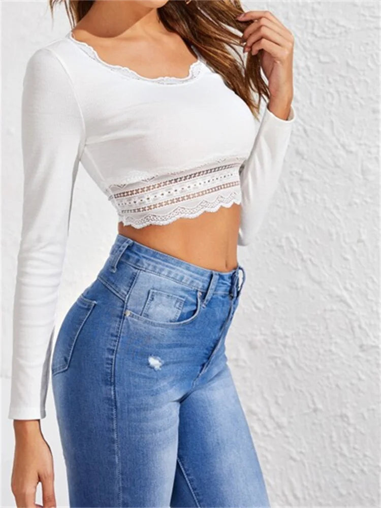 FashionSierra - Fashion Going Out Long Sleeve Low Cut Round Neck Lace Patchwork Slim Fit Cropped Tee