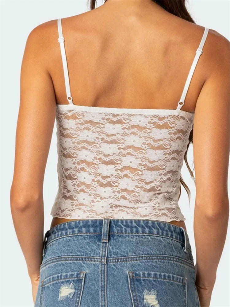 FashionSierra - 2024 Floral Lace Camis Summer Backless Spaghetti Strap Tank Sleeveless Mini Vest for Streetwear Clubwear Crop Tops