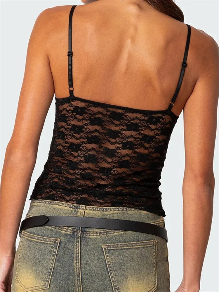 FashionSierra - 2024 Floral Lace Camis Summer Backless Spaghetti Strap Tank Sleeveless Mini Vest for Streetwear Clubwear Crop Tops
