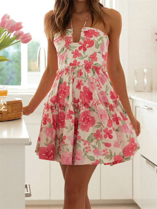Floral Print Sleeveless Sling Summer Halter Backless Mini Dress