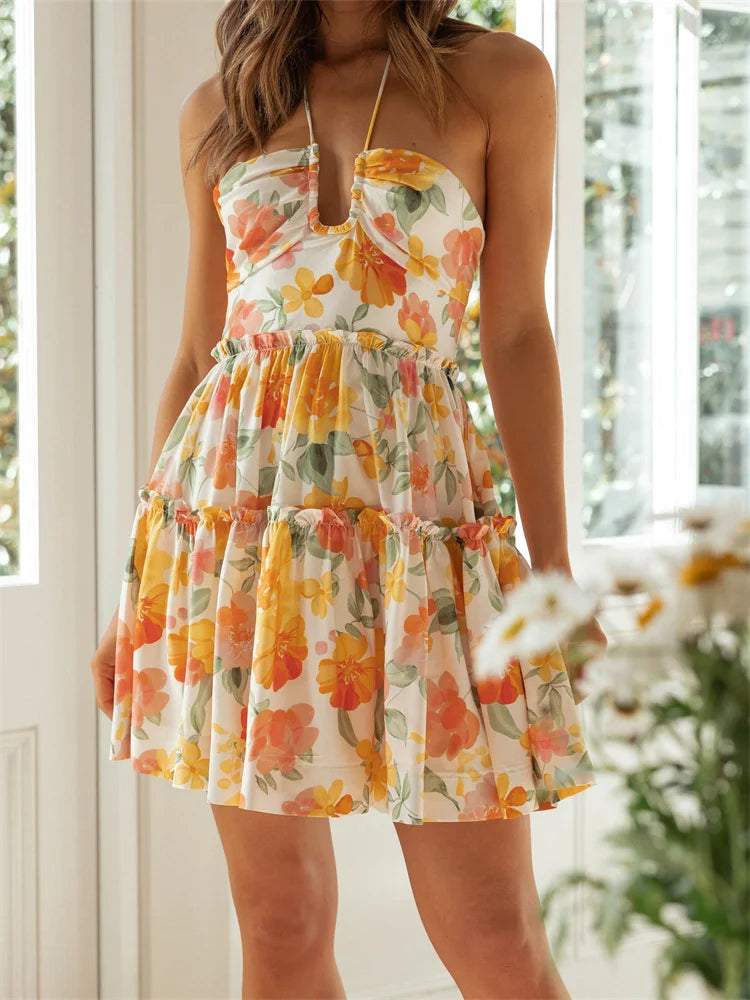 FashionSierra - Floral Print Sleeveless Sling Summer Halter Backless Mini Dress