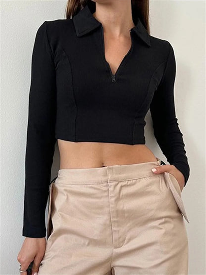FashionSierra - Half Zip Up Cropped Solid Color Ribbed Lapel Long Sleeve Casual Exposed Navel Slim Fit Tee