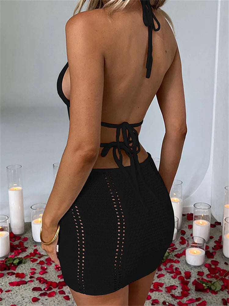 FashionSierra - Halter Lace-up Sleeveless Off Shoulder Mini Dress