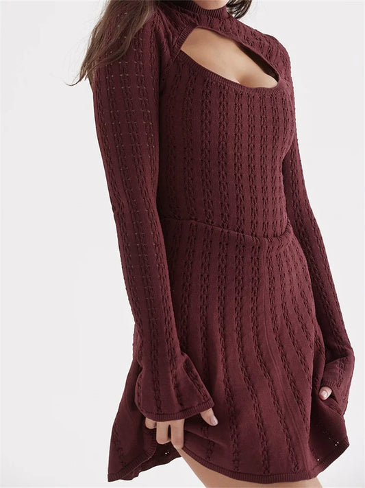 FashionSierra - Knitted Ribbed Long Flare Sleeve Turtleneck Mini Dress