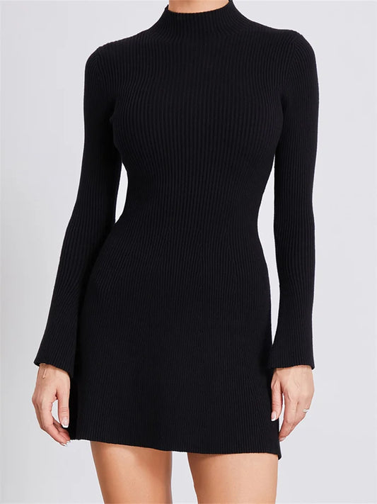 Knitted Ribbed Long Sleeve High Neck Slim Fit Mini Dress
