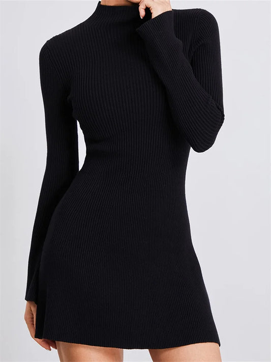 FashionSierra - Knitted Ribbed Long Sleeve High Neck Slim Fit Mini Dress