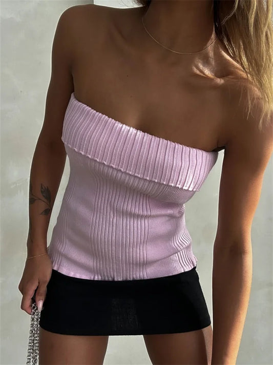 FashionSierra - 2024 Knitted Ribbed Solid Summer Casual Sleeveless Backless Off Shoulder Vests Club Streetwear Crop Tops