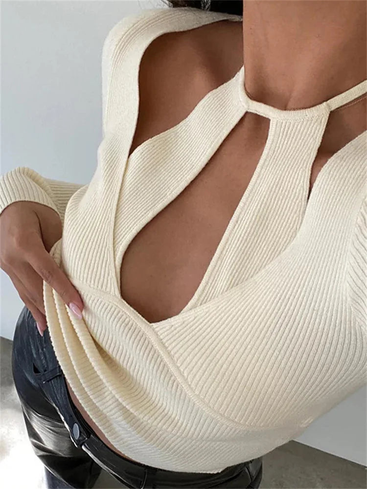 FashionSierra - Knitted Solid Color Cutout Tie-Up Halter Long Sleeve Spring Fall Slim Fit Streetwear Tee