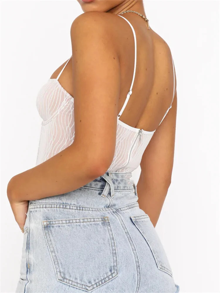 FashionSierra - 2024 Lace Corsets Tank Sexy V-neck Sleeveless See Through Mesh Camis Bustiers Y2K Female Striped Mini Vest Crop Tops