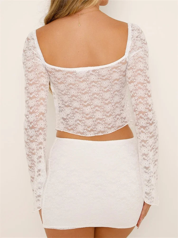 FashionSierra - Lace Floral Long Flare Sleeve Tie-up Front Split Solid Slim Fit Mesh See-Through Tee