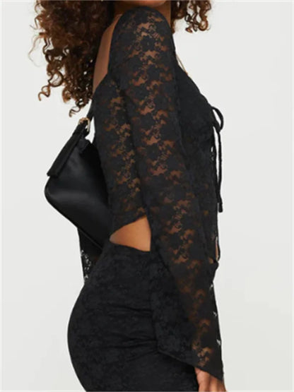 FashionSierra - Lace Floral Long Flare Sleeve Tie-up Front Split Solid Slim Fit Mesh See-Through Tee