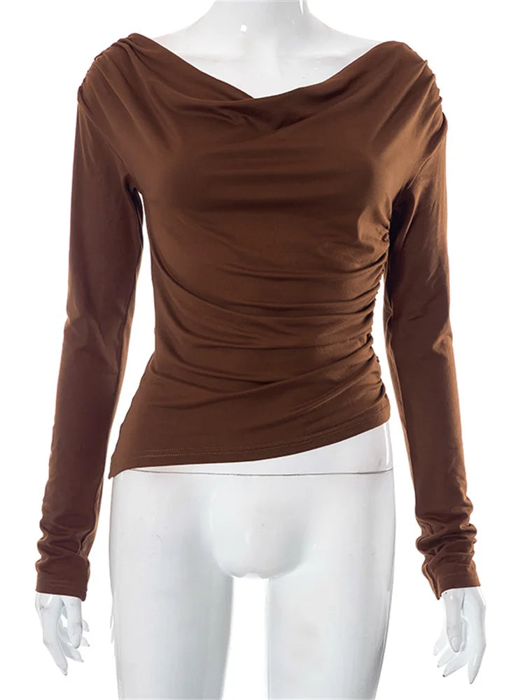FashionSierra - Long Sleeve Solid Irregular Neck Off Shoulder Ruched Spring Fall Slim Fit Casual Streetwear Tee