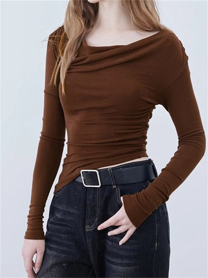 FashionSierra - Long Sleeve Solid Irregular Neck Off Shoulder Ruched Spring Fall Slim Fit Casual Streetwear Tee