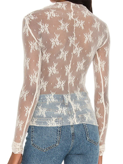 FashionSierra - Long Sleeve Mesh Sheer Lace Basic Casual Pullovers Summer Fall Club Streetwear Aesthetic Tee