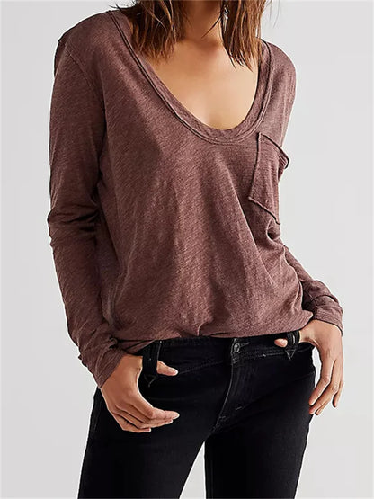 FashionSierra - Loose Causal Deep V Neck Long Sleeve Summer Autumn Solid Color Basic with Pocket Streetwear Tee