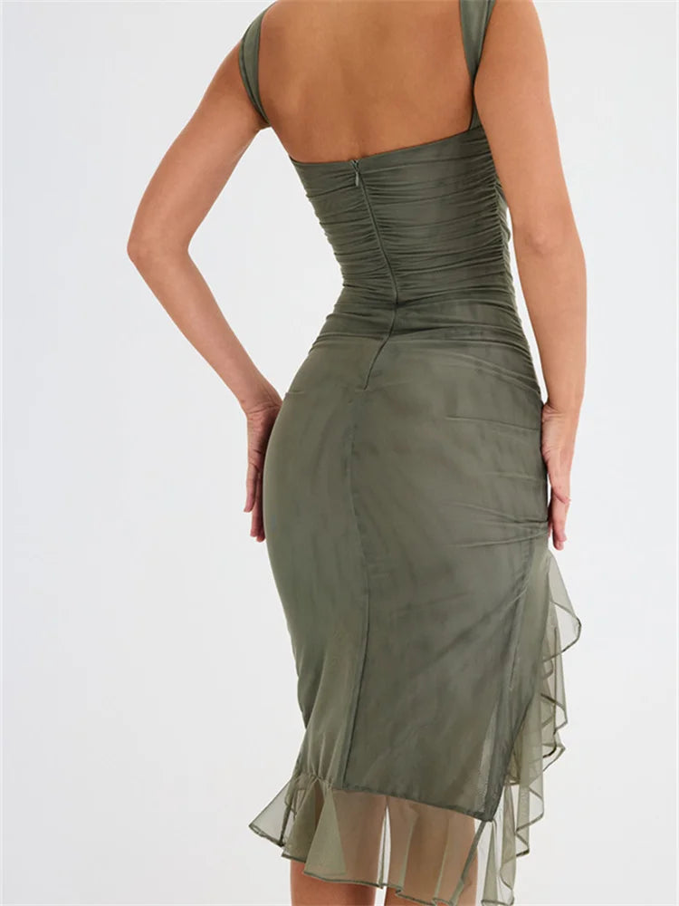 FashionSierra - Mesh See Through O-neck Elegant Ruffles Split Mini Dress