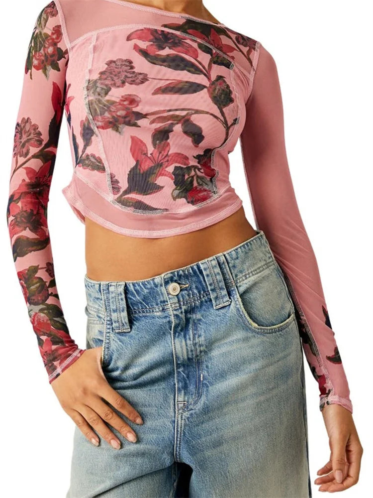 FashionSierra - Mesh See Through Slim Fit Floral Print Long Sleeve O-Neck for Spring Summer Streetwear Tee