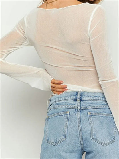 FashionSierra - Mesh Sheer See Through Cropped Top Solid Color Round Neck Long Sleeve Club Streetwear Tee