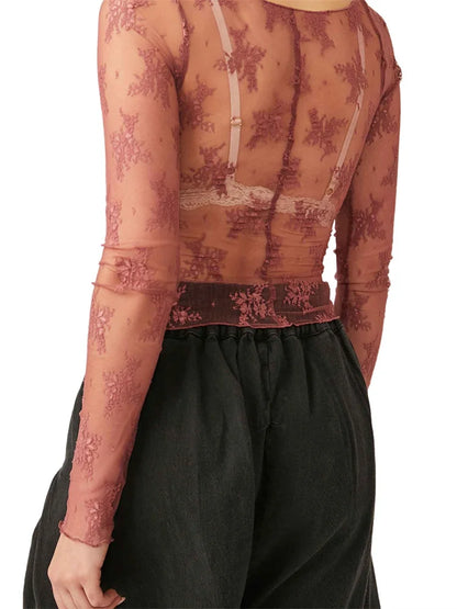 FashionSierra - Mesh Sheer See Through Long Sleeve Floral Embroidery Slim Fit Asymmetrical Hem Tee
