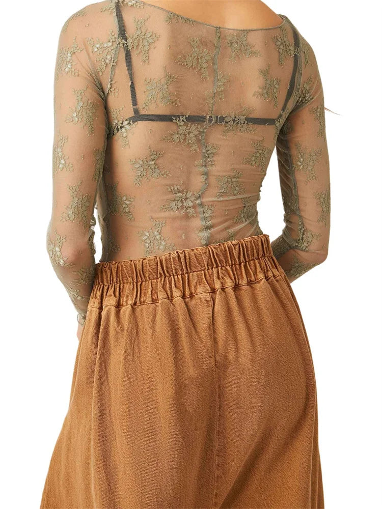 FashionSierra - Mesh Sheer See Through Long Sleeve Floral Embroidery Slim Fit Asymmetrical Hem Tee