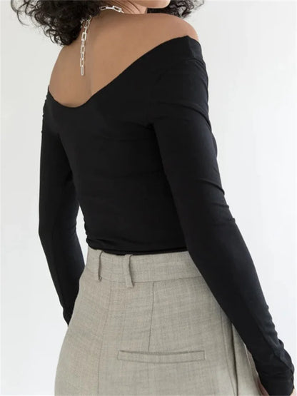 FashionSierra - Off Shoulder Slim Round Neck Basic Solid Color Long Sleeve Backless Skinny Streetwear Tee