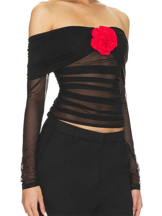 FashionSierra - Off Shoulder Y2K 3D Floral Long Sleeve Sexy Mesh See Through Slim Fit Going Out Ruched Tee