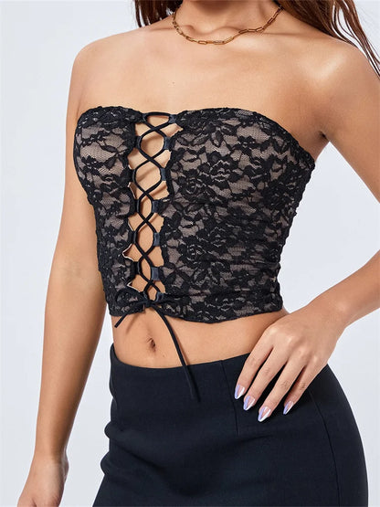 FashionSierra - 2024 Off Shoulder Tube Lace Floral Strapless Front Criss-Cross Tie-Up Tank Backless Hollow Out Mini Vest Crop Tops