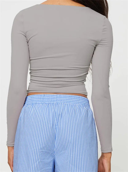 FashionSierra - Round Neck Long Sleeve Solid Slim Fit Pullovers Female Streetwear Casual Basic Tee
