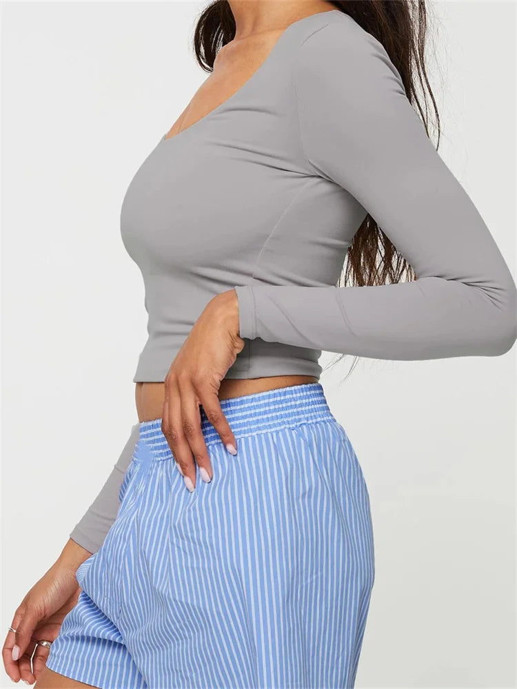 FashionSierra - Round Neck Long Sleeve Solid Slim Fit Pullovers Female Streetwear Casual Basic Tee