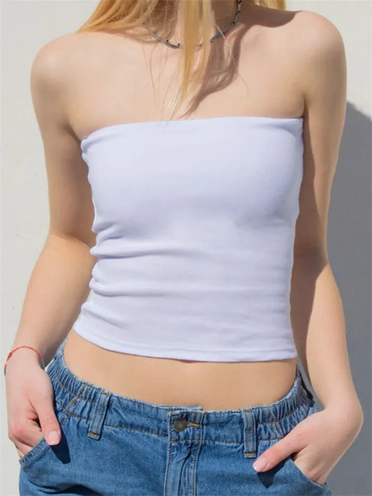 FashionSierra - 2024 Strapless Tube Off Shoulder Sleeveless Bustiers Y2K Backless Slim Fit Tank Vest Streetwear Crop Tops