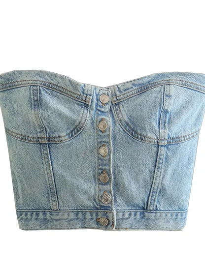 FashionSierra - 2024 Sexy Tube Sleeveless Buttons Up Bustiers Corsets Denim Off Shoulder Cropped Tank Mini Vest  Crop Tops