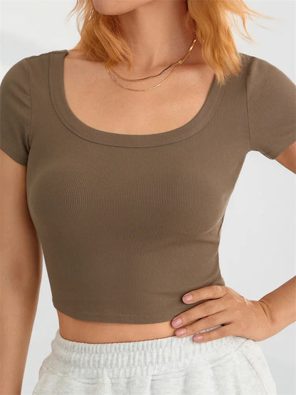 FashionSierra - Short Sleeve Ribbed Causal Solid Color Summer Pullovers Female Slim Fit Base Streetwear Tee