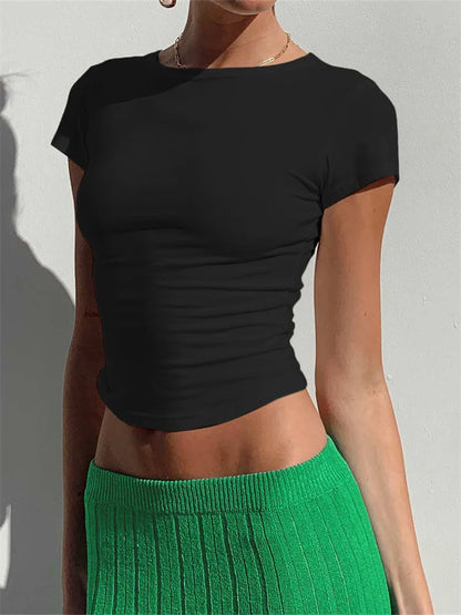 FashionSierra - Short Sleeve Exposed Navel Top Summer Solid Slim Fit Pullovers Female Streetwear Basic Tee