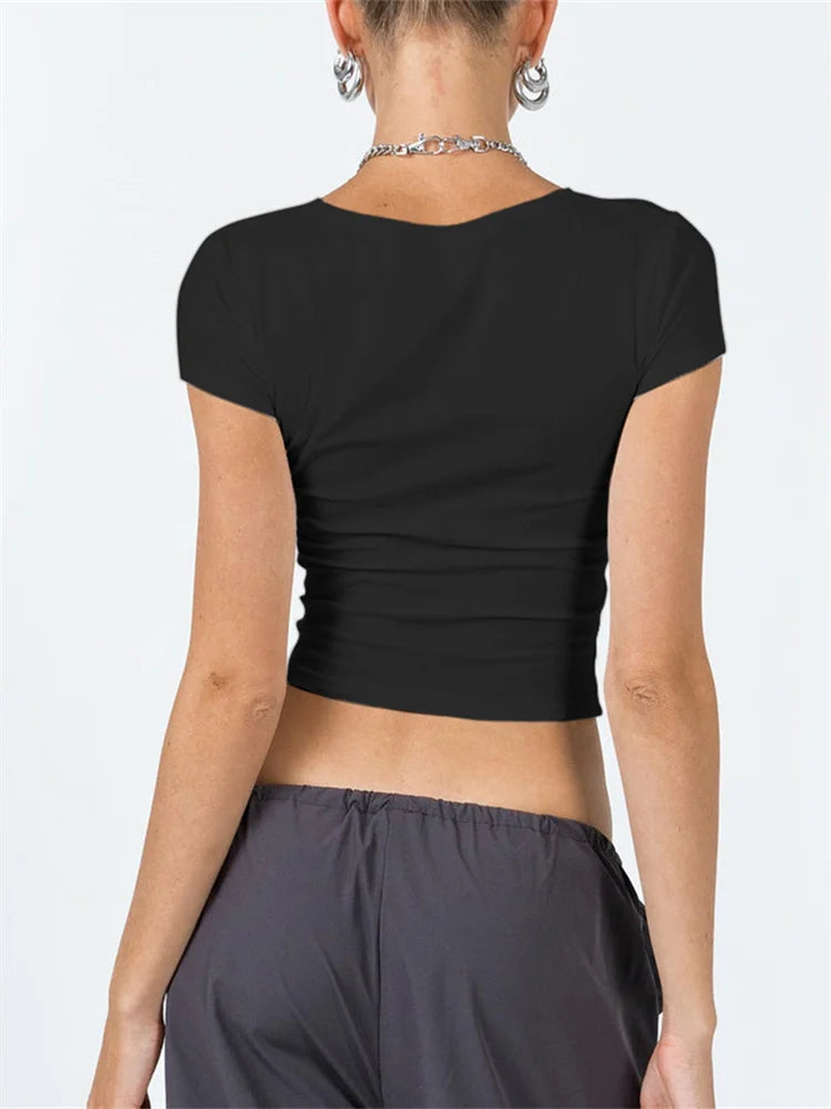 FashionSierra - Short Sleeve Exposed Navel Top Summer Solid Slim Fit Pullovers Female Streetwear Basic Tee