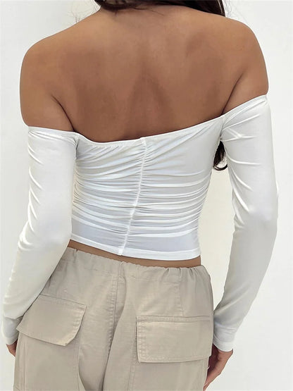 FashionSierra - Slash Neck Off Shoulder Casual Long Sleeve Solid Slim Fit Spring Autumn Ruched Clubwear Tee