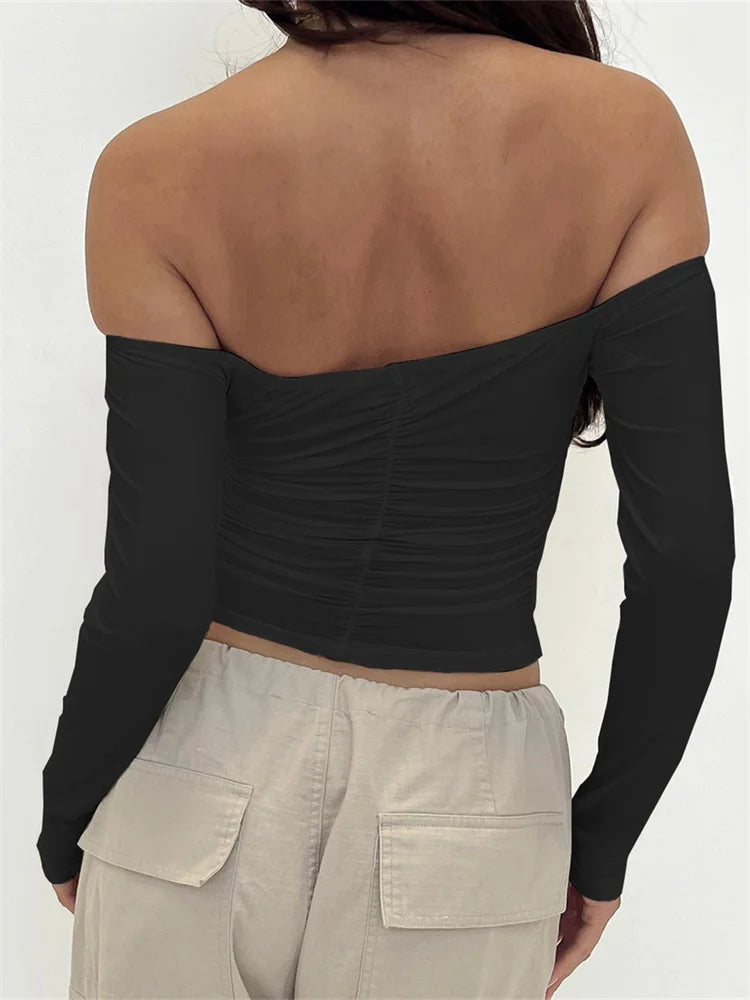 FashionSierra - Slash Neck Off Shoulder Casual Long Sleeve Solid Slim Fit Spring Autumn Ruched Clubwear Tee